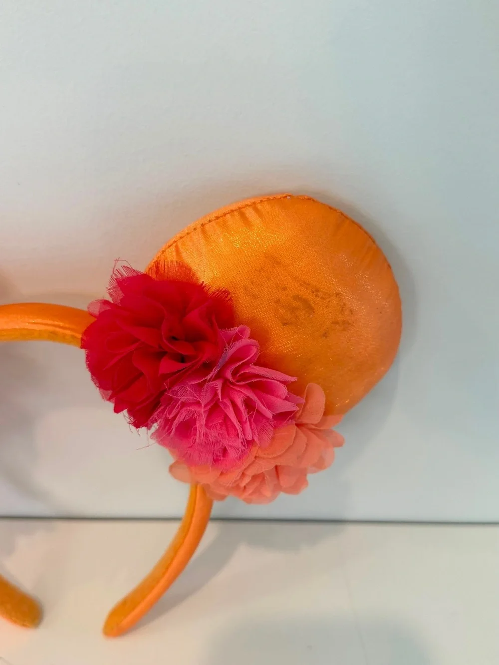 Disney Mickey Mouse Floral Ears Headband Orange Satin Fabric